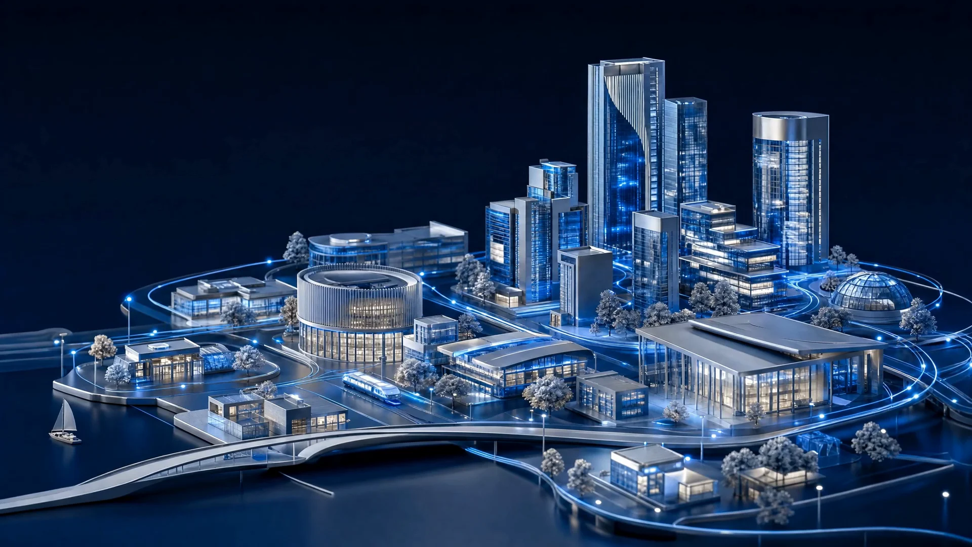 Concept image of a city where public services, businesses, stores, and field sites are linked by data paths