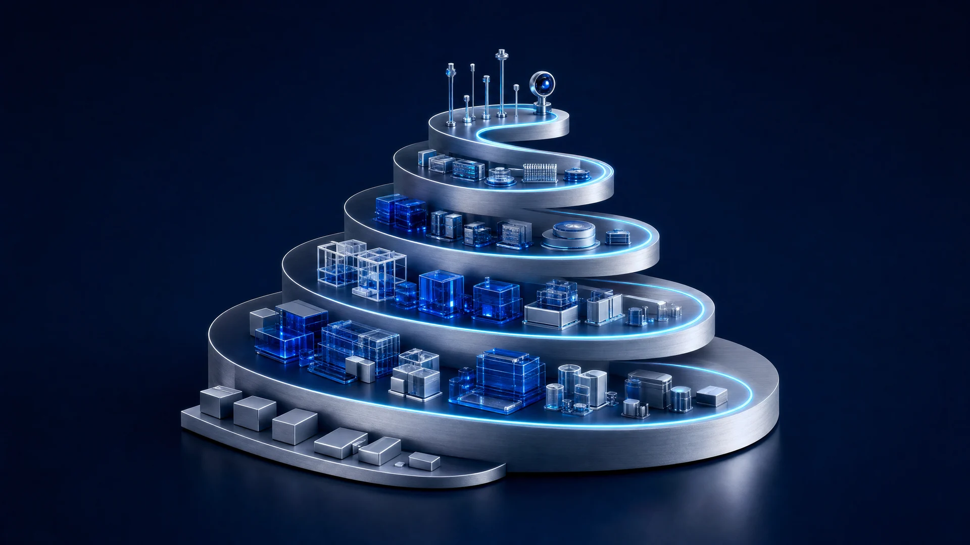 Concept image of growth along a silver spiral ramp, with simple blocks at the bottom and glass modules, data equipment, sensor columns, and lenses higher up